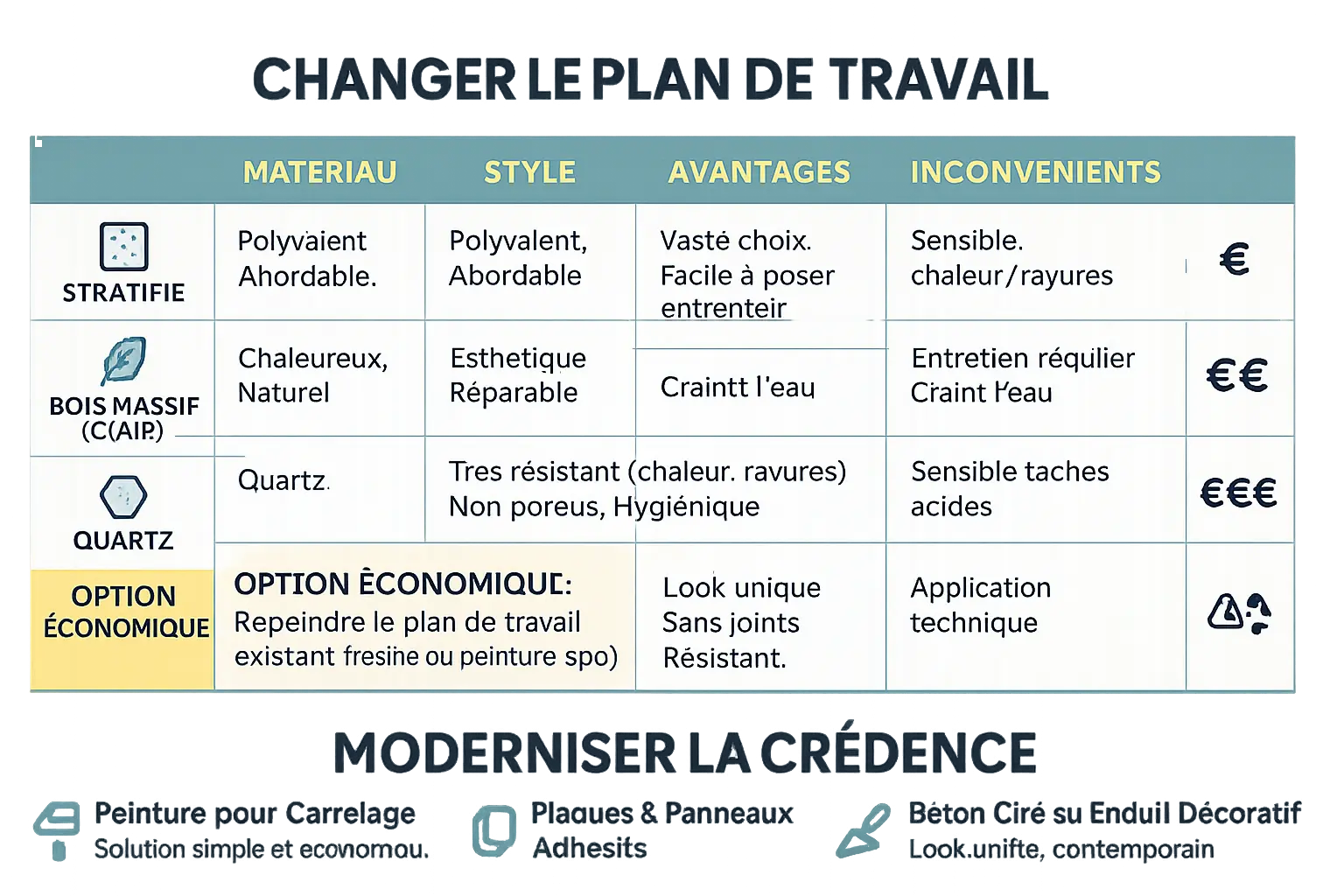 <strong>Cuisine rustique modernisée</strong> avec plan de travail en béton ciré et crédence unie