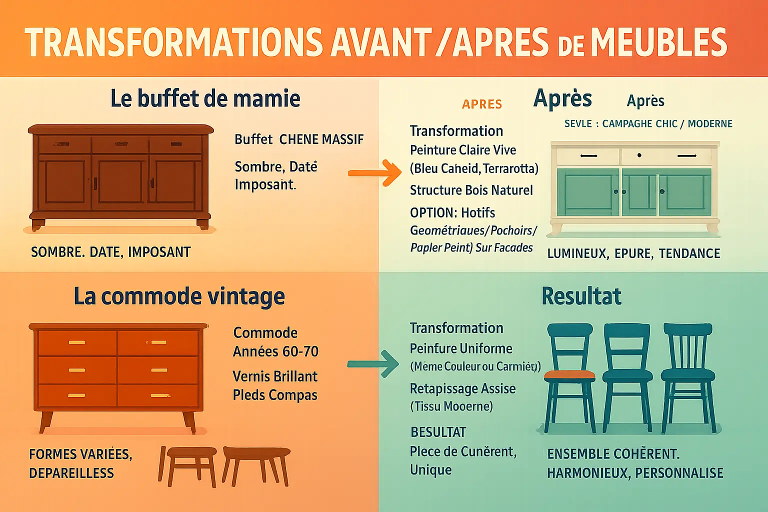 Exemple de meubles relookés avant et après transformation