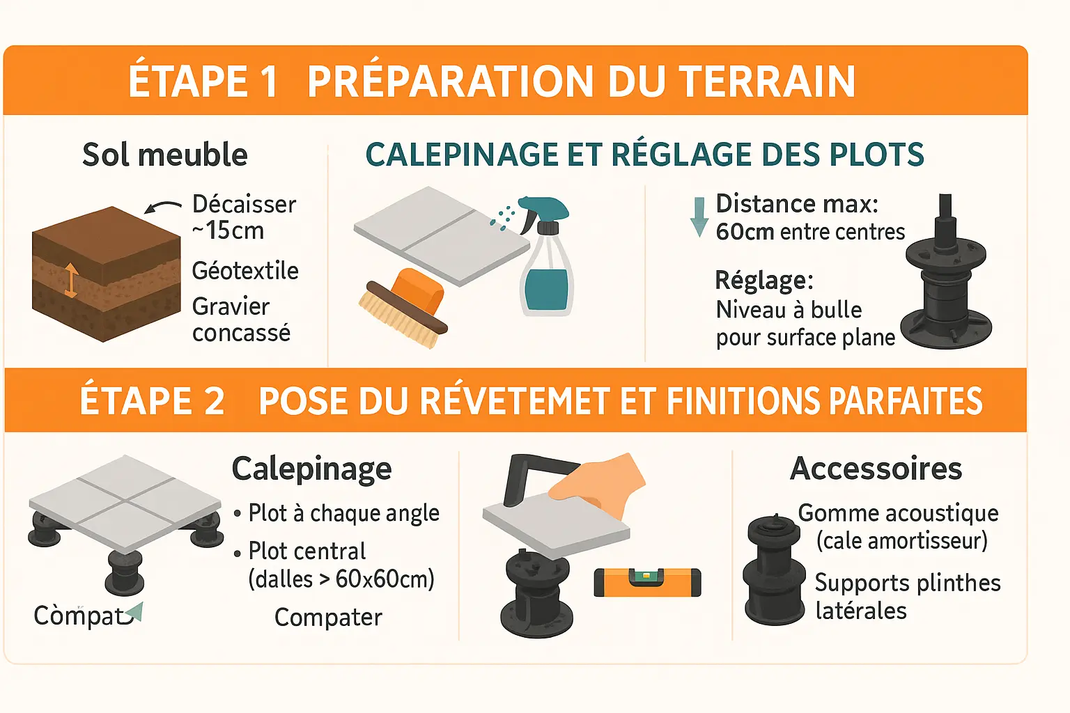 Illustration d'une terrasse sur plots en bois et carrelage