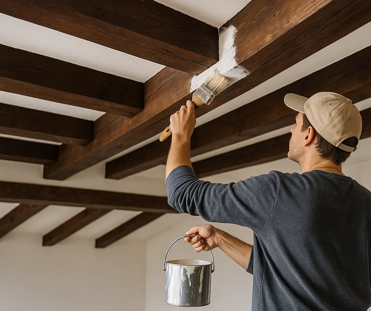 image principale d'un peintre qui repeind un plafond en bois