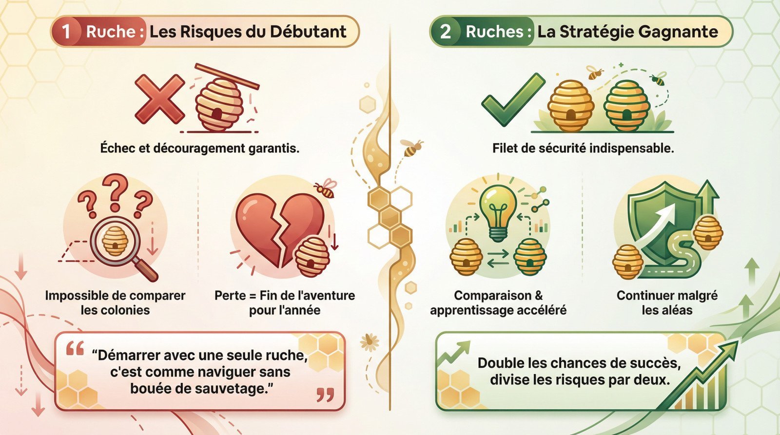 <strong>Infographie comparative : avantages de <strong>commencer avec deux ruches</strong> plutôt qu'une seule</strong>
