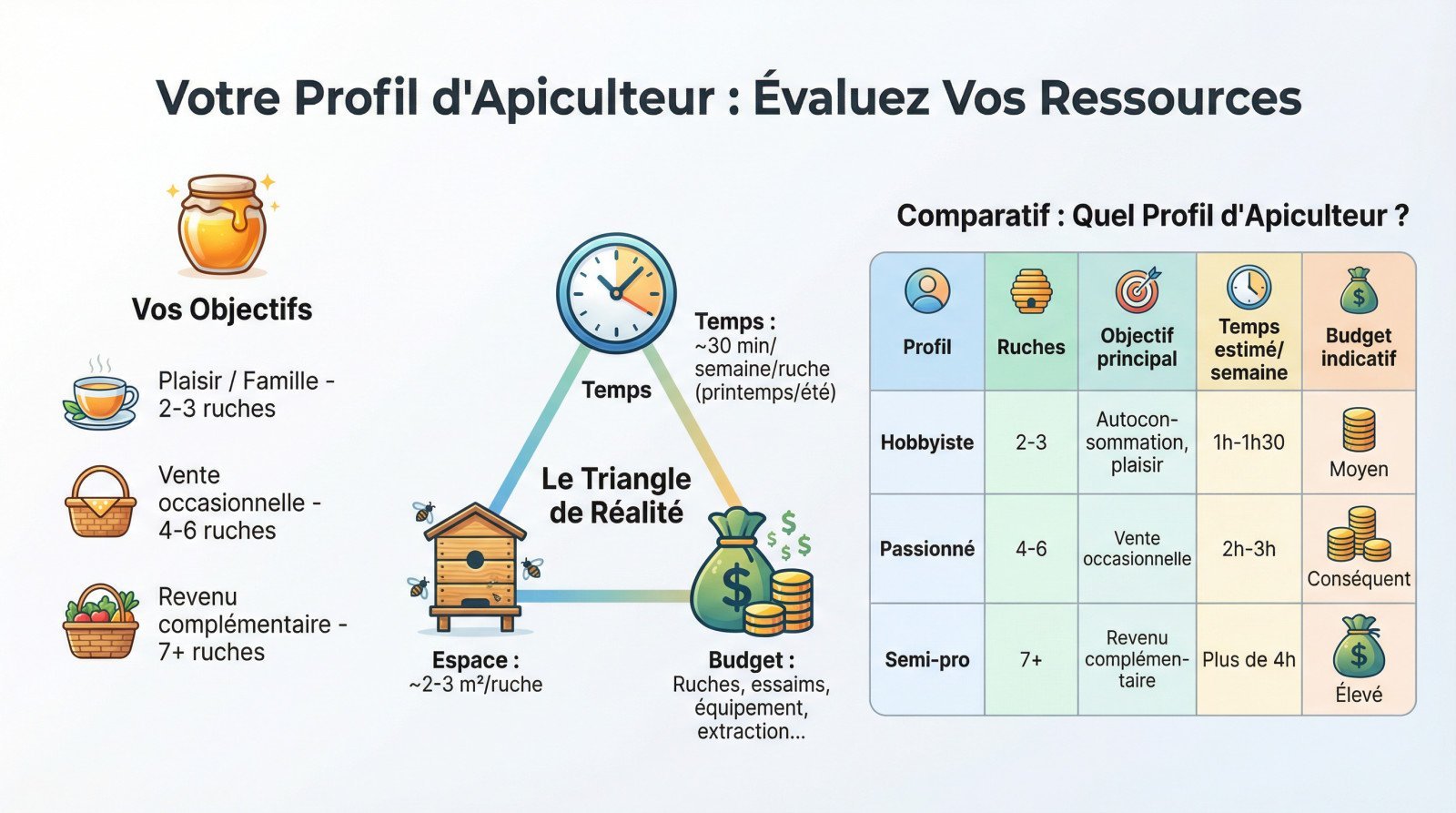 Illustration d'un apiculteur évaluant ses ressources et son matériel avant l'installation de ruches