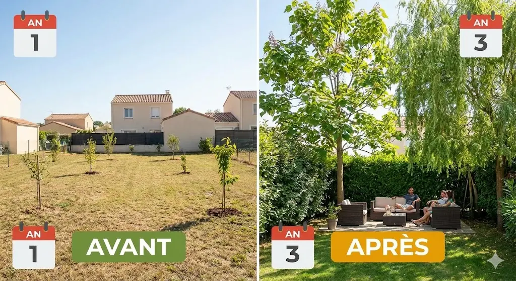 arbre à croissance rapide, l'évolution dans le temps. un terrain avec de jeunes arbres et le même terrain 3 ans après.
