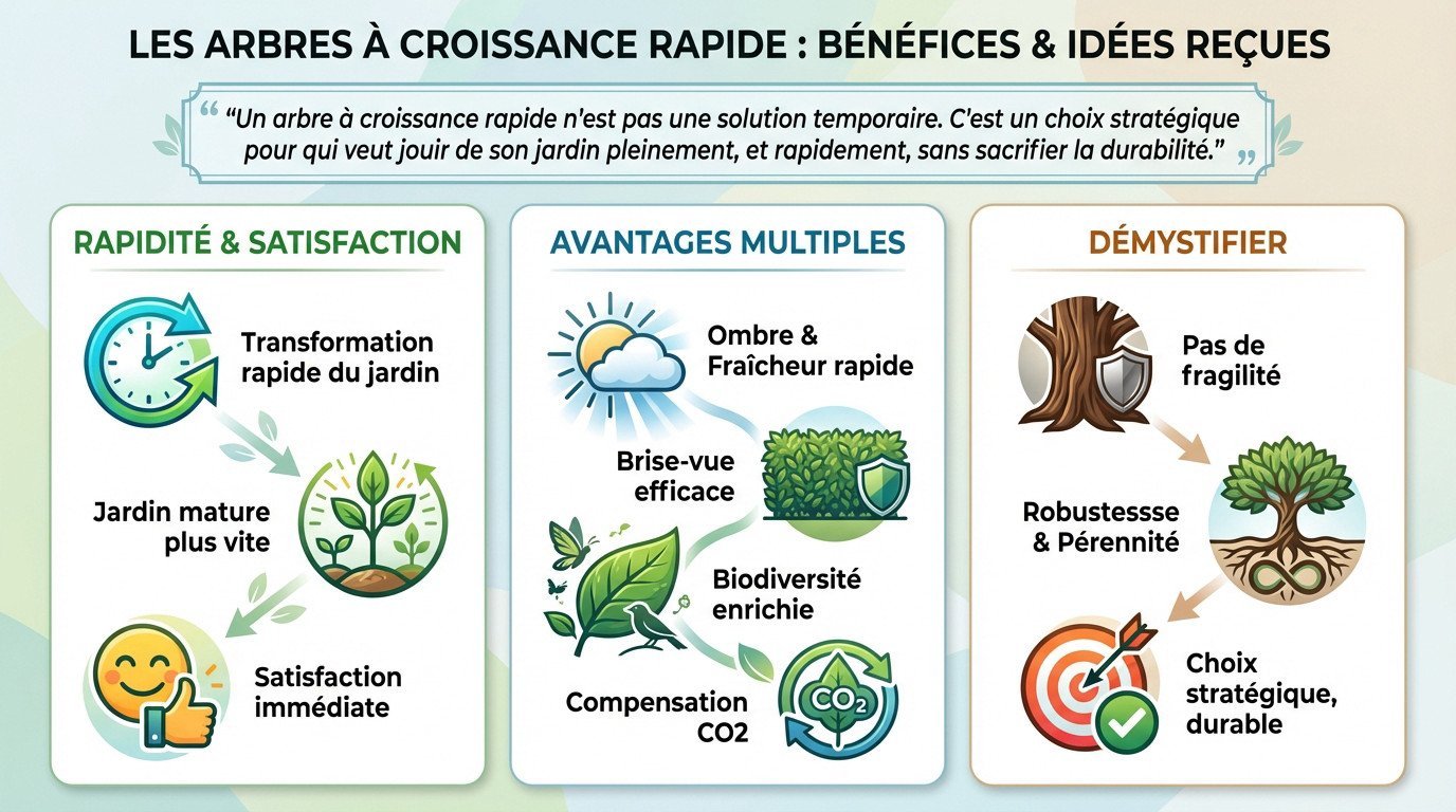 Illustration des bénéfices esthétiques et écologiques d'un arbre à croissance rapide dans un jardin