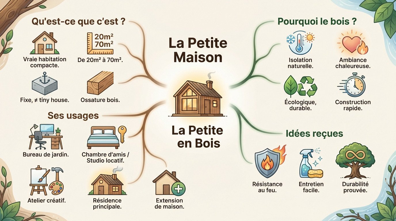 Infographie illustrant les différents types et usages d'une petite maison en bois moderne