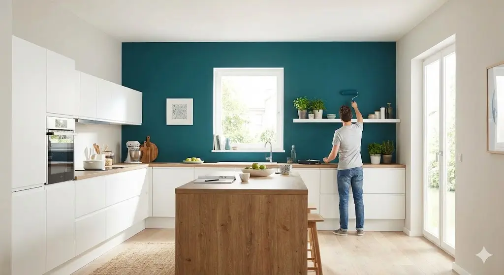 un homme qui peint un mur de sa cuisine en bleu canard