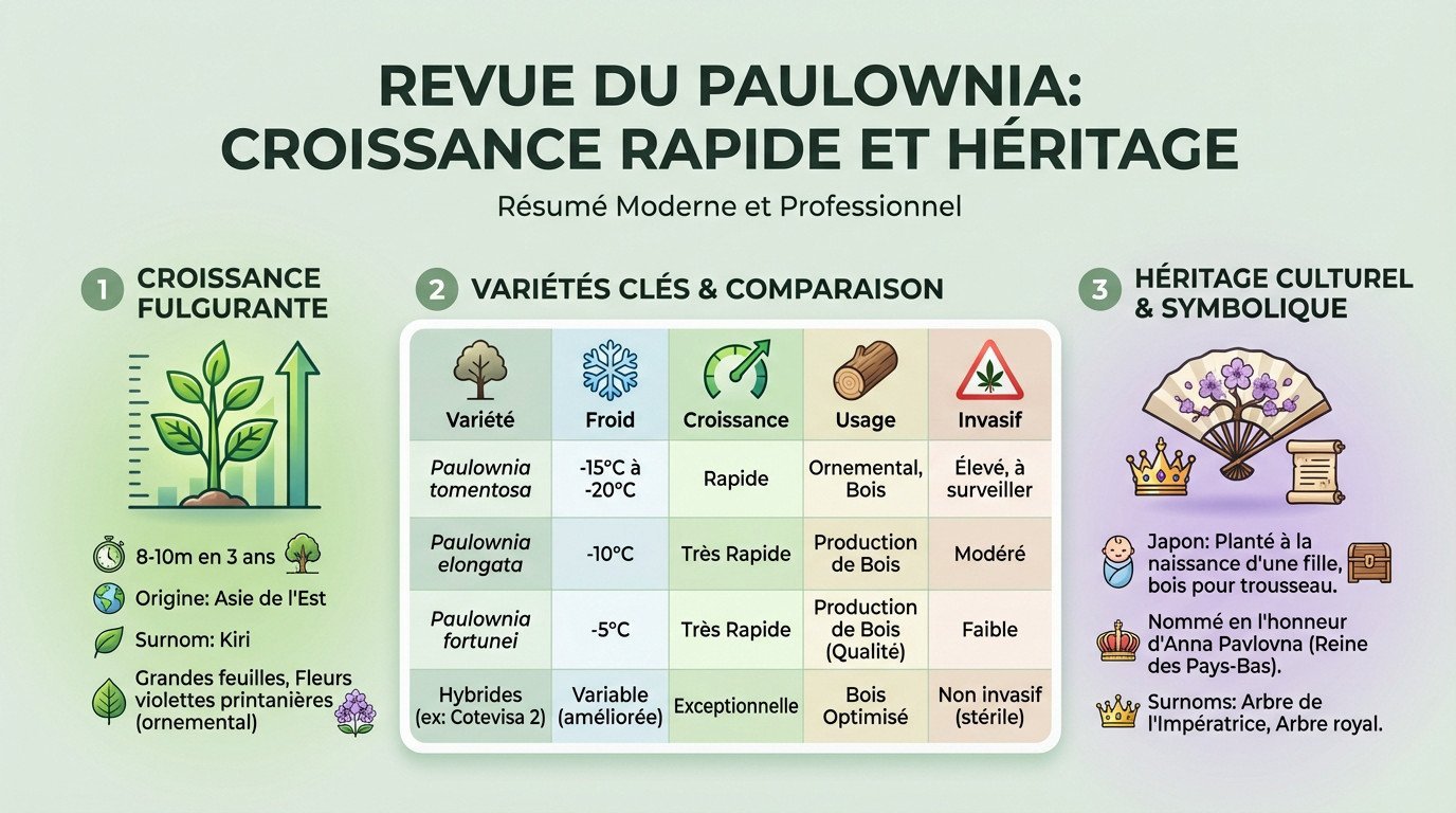 Paulownia en fleurs avec ses grandes feuilles caractéristiques et sa croissance rapide