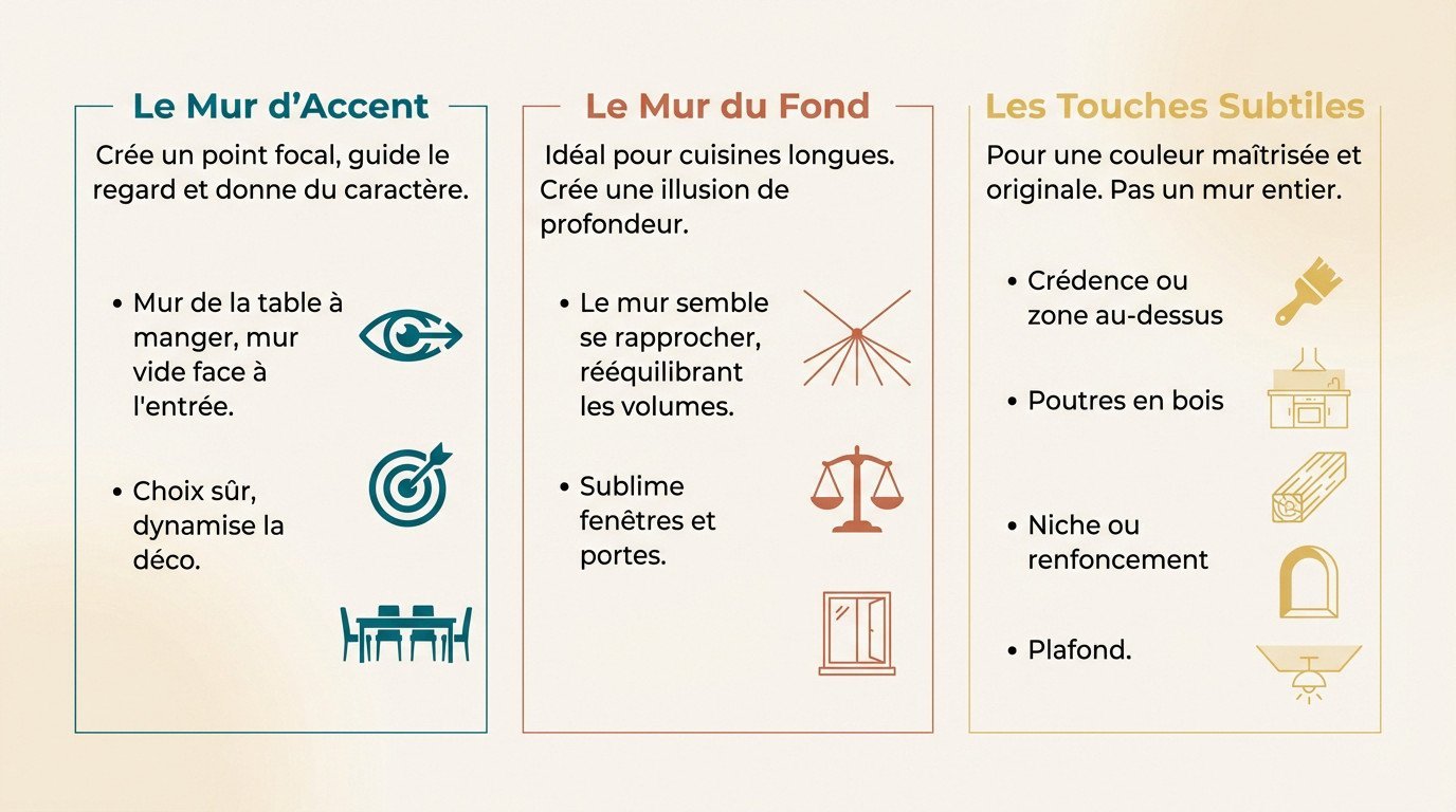 Cuisine moderne avec un mur d'accent vert foncé mettant en valeur le coin repas et créant de la profondeur