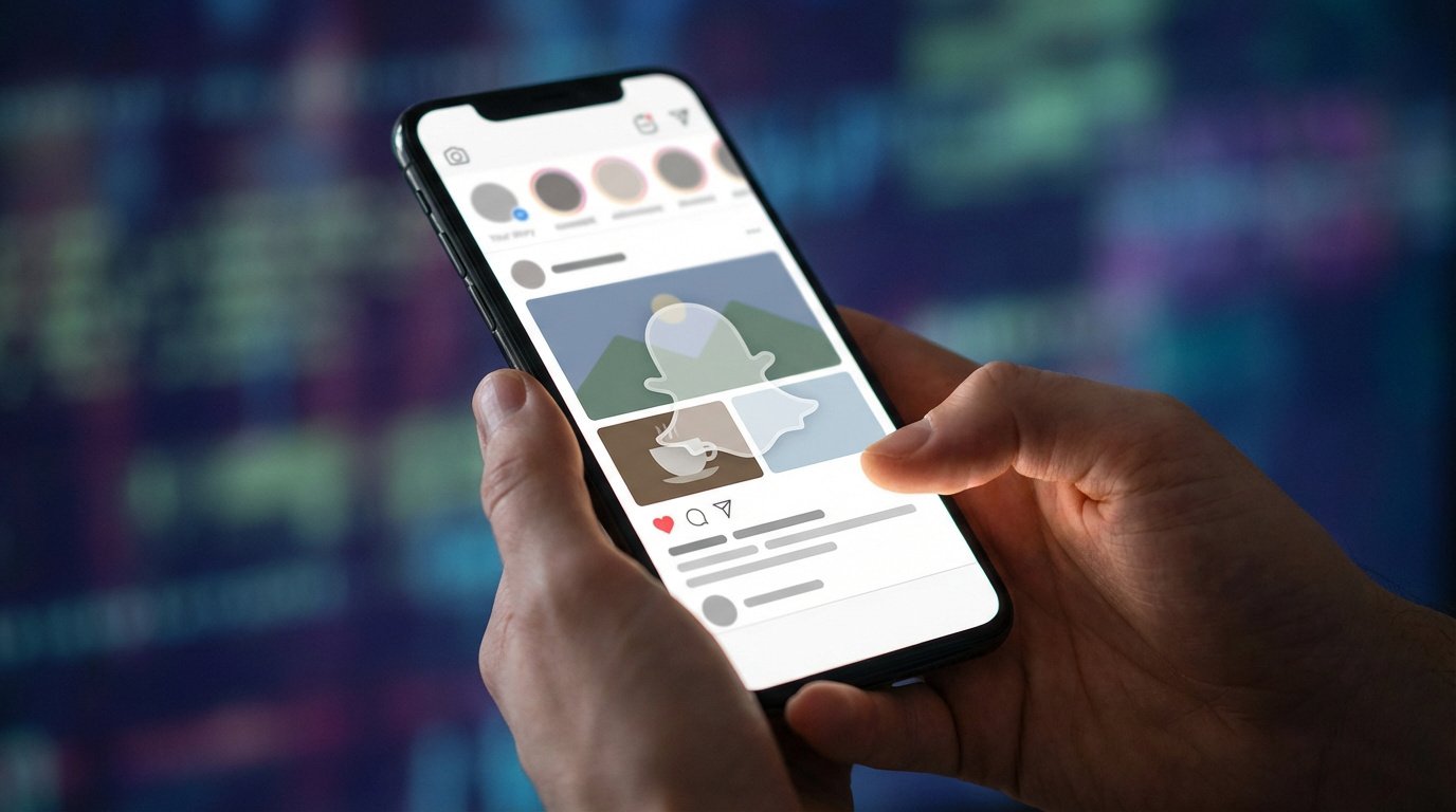 Mains tenant un smartphone affichant l'interface Instagram avec des publications stylisées. Le pouce touche l'écran lumineux.