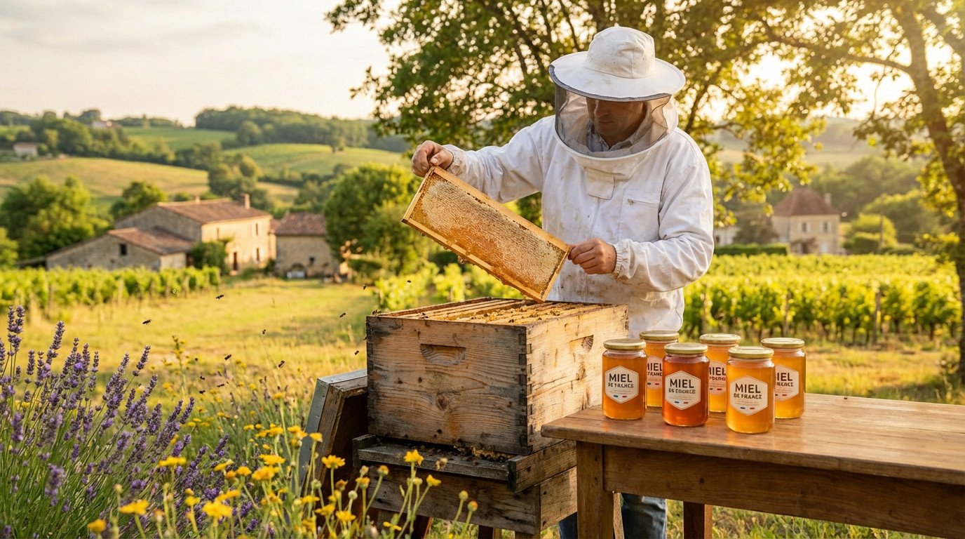Ruche en Auvergne-Rhône-Alpes avec abeilles butinant des fleurs, illustrant la production de miel en France