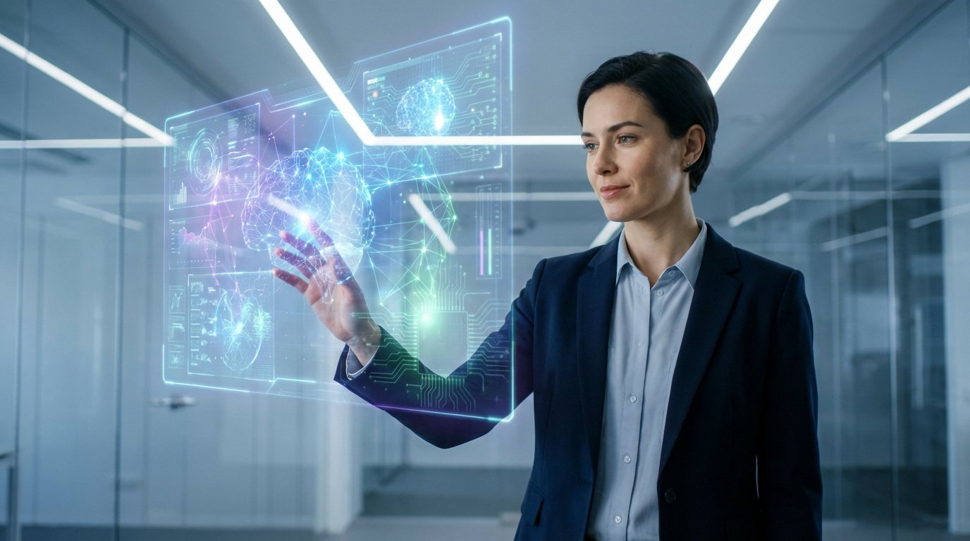 Femme d'affaires en blazer manipulant une interface holographique affichant des données complexes et des réseaux neuronaux dans un bureau moderne.