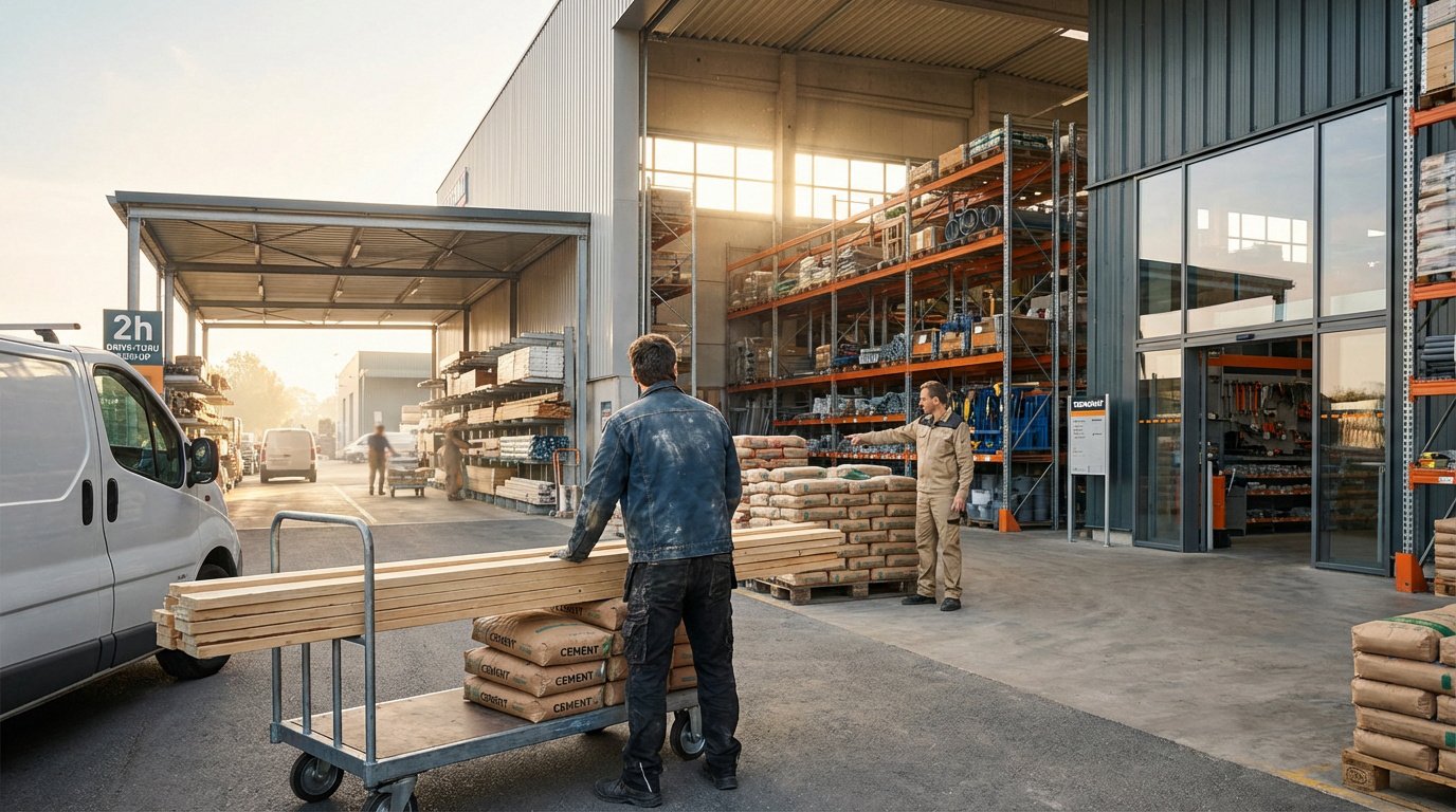 Deux ouvriers chargent bois et ciment devant un entrepôt Bricoman, racks de matériaux visibles et camionnette.