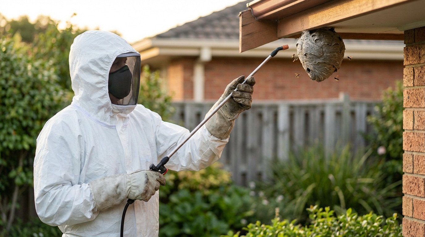 Nid de guêpes caché sous les tuiles, prêt à être enlevé en toute sécurité