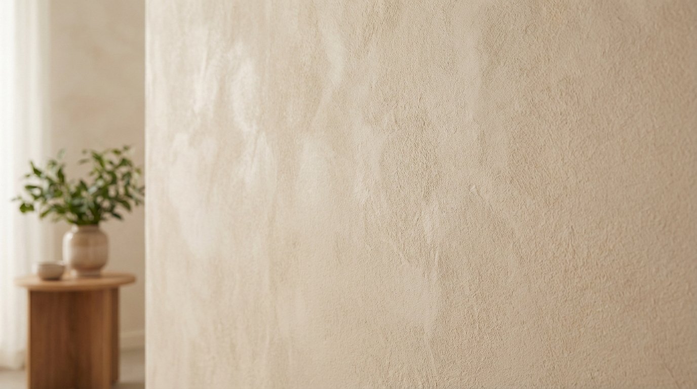 Mur enduit beige clair texturé, mettant en valeur un fini naturel. Une plante verte et une table en bois sont en arrière-plan flou.