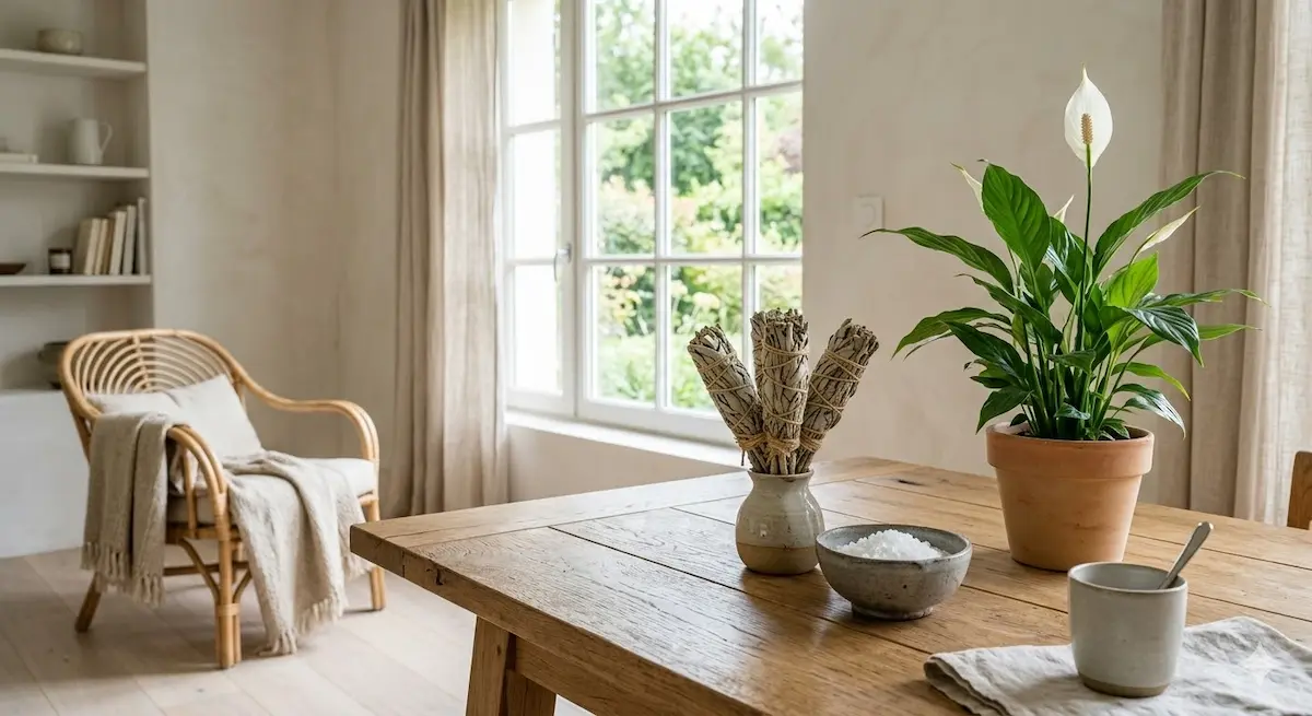 Intérieur sain avec sauge blanche, sel marin et plante dépolluante pour purifier sa maison naturellement