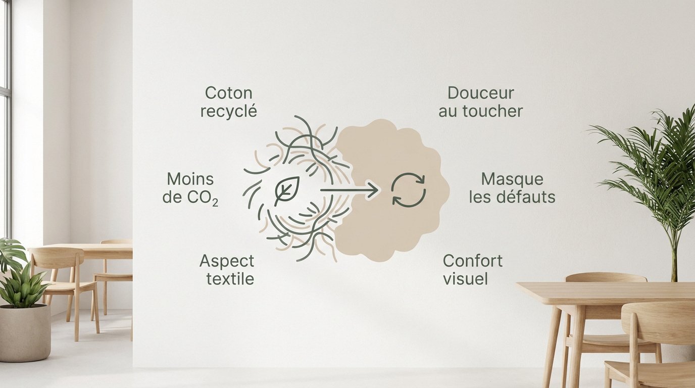 Mur intérieur décoré avec un enduit écologique en coton recyclé à l'aspect texturé et mat