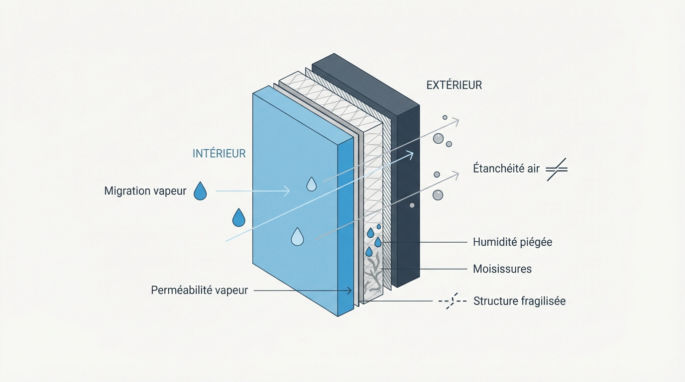 Schéma expliquant la migration de la vapeur d'eau à travers une paroi perspirante