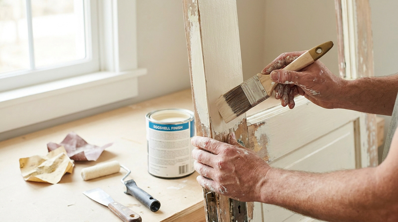 Un artisan applique de la peinture crème sur une porte en bois usée. Sur l'établi, ponce, rouleau et pot de peinture sont visibles.