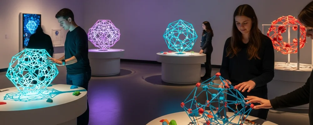 Des visiteurs explorant des sculptures mathématiques interactives colorées et des installations géométriques dans une galerie de musée moderne