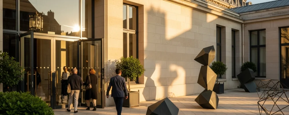 Vue extérieure de l'entrée élégante d'un bâtiment parisien avec des visiteurs qui s'approchent de portes en verre, présentant des formes géométriques mathématiques