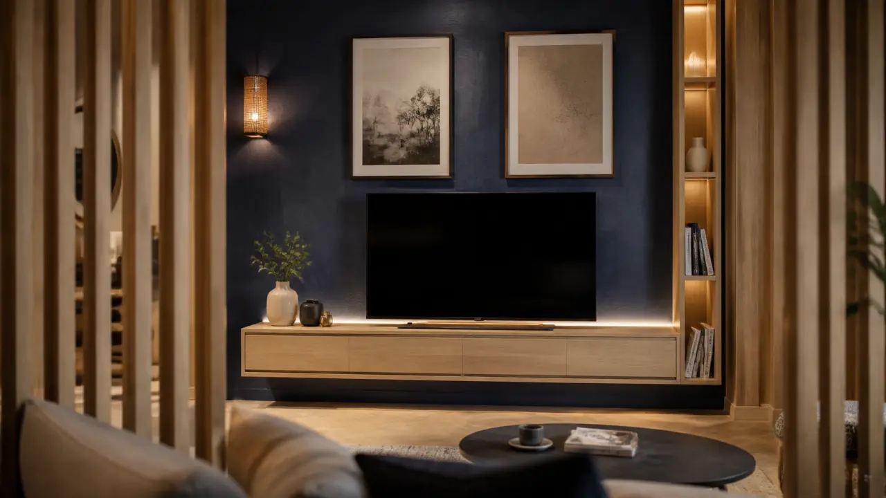 Déco au dessus de la tele : cadres et éclairage sur mur TV bleu nuit