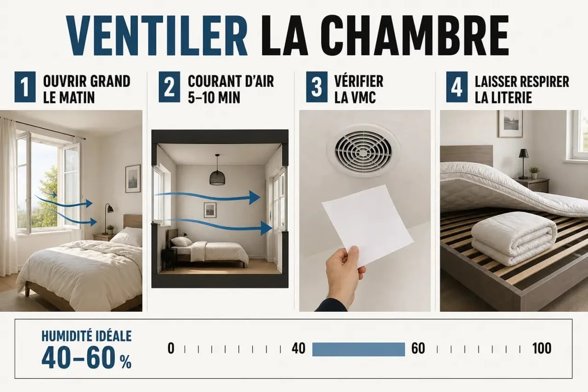 Ventilation chambre : routine d’aération du matin, VMC et repères d’humidité 40–60 %
