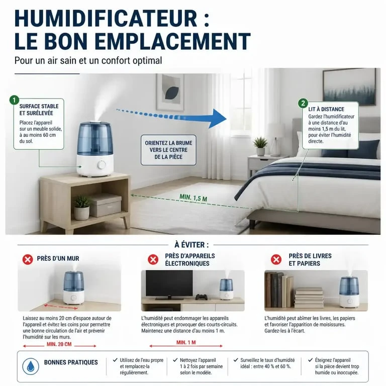Humidificateur dans une chambre bien placé à distance du lit et des murs