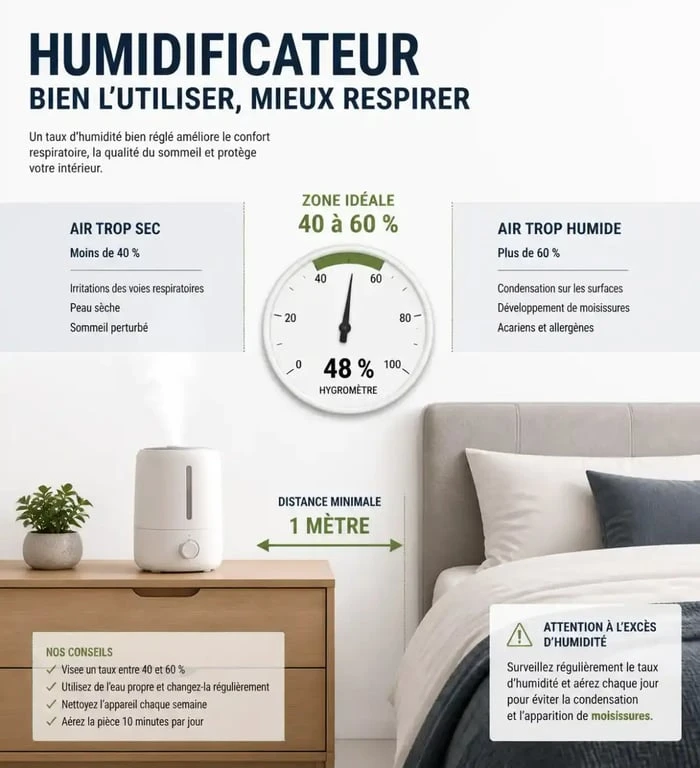 Humidificateur dans une chambre avec hygromètre et repères sur le taux d’humidité idéal