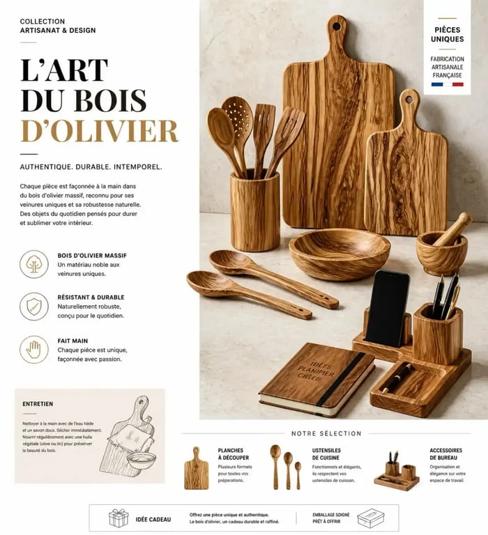 Idées cadeaux en bois utiles pour la cuisine et le bureau.