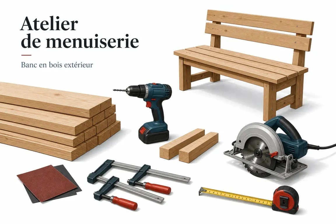 Fabriquer banc en bois exterieur : outils et planches préparés dans un atelier de menuiserie