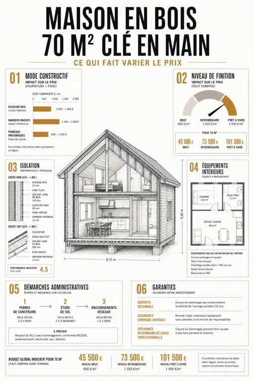 Maison en bois 70m2 prix maison en bois clé en main : comparaison visuelle des postes qui font varier le budget