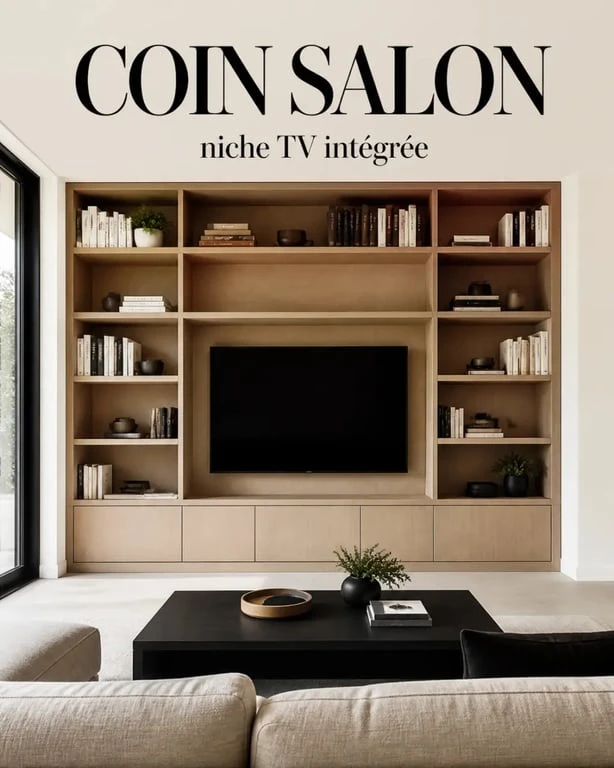 deco au dessus de la tele : niche et bibliothèque intégrée autour du téléviseur