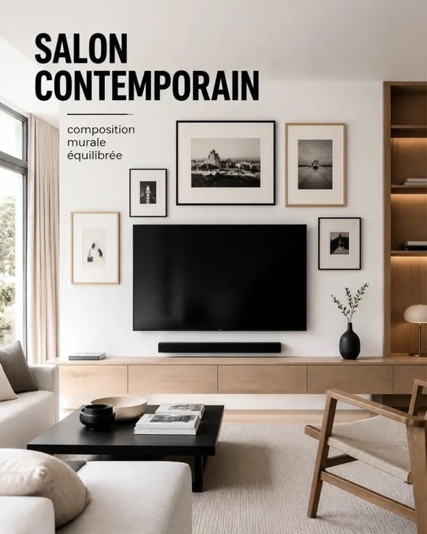 deco au dessus de la tele : salon avec mur de cadres harmonieux au-dessus de la télévision