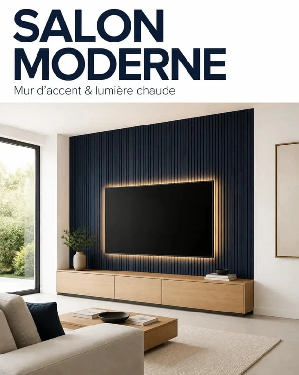 deco au dessus de la tele : mur d’accent et tasseaux de bois pour intégrer l’écran