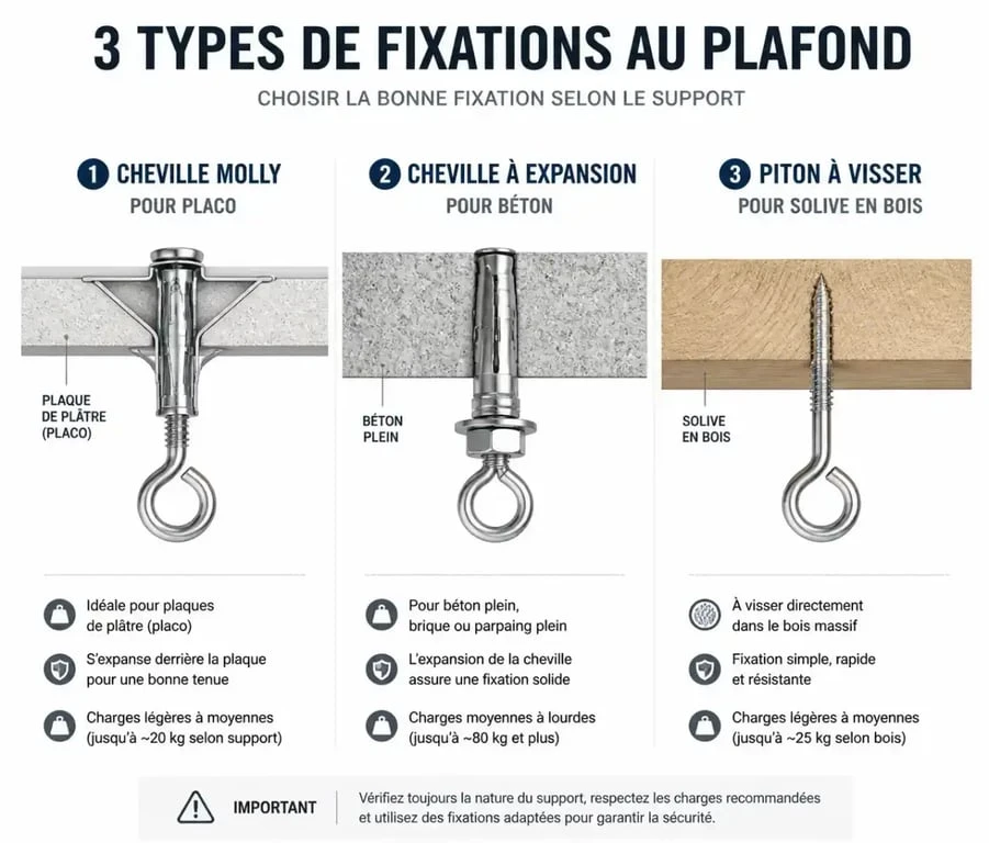 Schéma des différentes fixations pour suspendre une plante au plafond selon le matériau