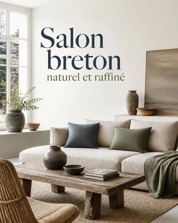 Décoration maison Bretagne dans un salon lumineux aux matières naturelles et aux couleurs du littoral