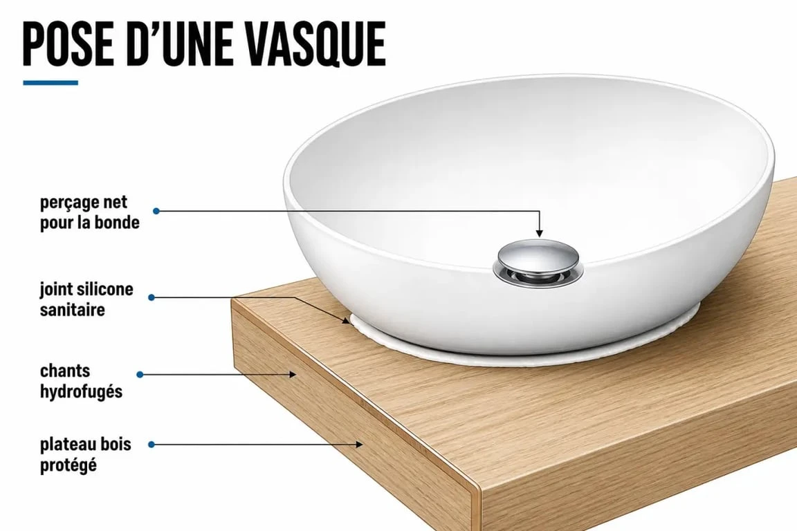 Fabriquer meuble salle de bain bois : détail de pose de la vasque, perçage de la bonde et joint silicone sur le plateau