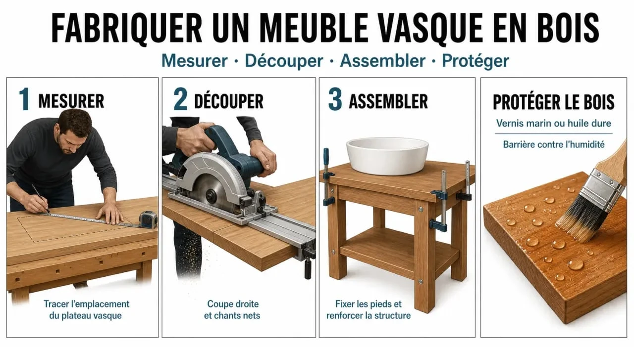 Fabriquer meuble salle de bain bois : fabrication pas à pas d'un meuble vasque en atelier avec découpe, assemblage et protection contre l'humidité