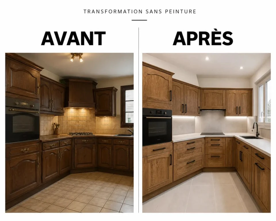 Moderniser relooker une cuisine rustique en chêne sans la peindre : avant et après d’une cuisine transformée avec poignées noires, LED et crédence claire