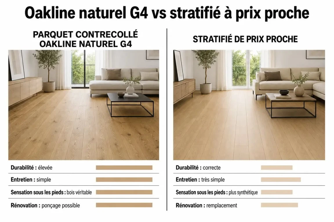 Parquet contrecollé Oakline naturel G4 face à un stratifié de prix proche dans un comparatif visuel