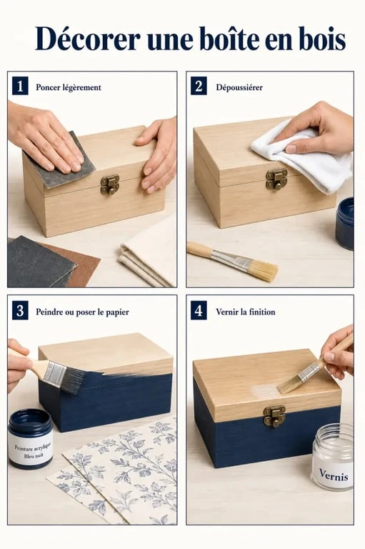 Décorer une boîte en bois étape par étape avec ponçage, peinture et vernis