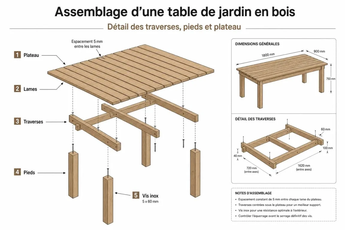 Schéma de montage pour fabriquer une table de jardin en bois