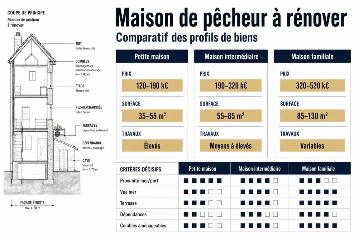 Maison de pecheur a renover : tableau visuel des prix, surfaces et critères clés pour comparer les annonces