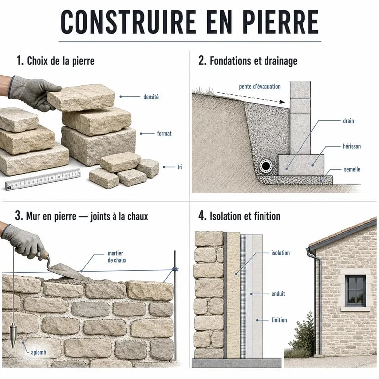 Construction maison en pierres : chantier avec mur en pierre, fondations, drainage et isolation