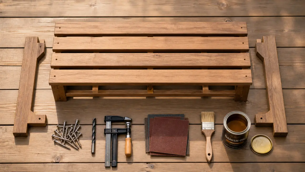 Fabriquer banc en bois exterieur : banc en cours d’assemblage sur terrasse, pièces et finition anti-humidité