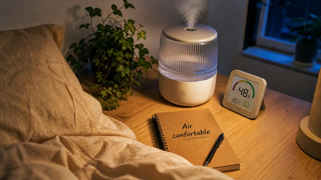 Humidificateur dans une chambre et hygromètre affichant 40–60% pour un sommeil réparateur