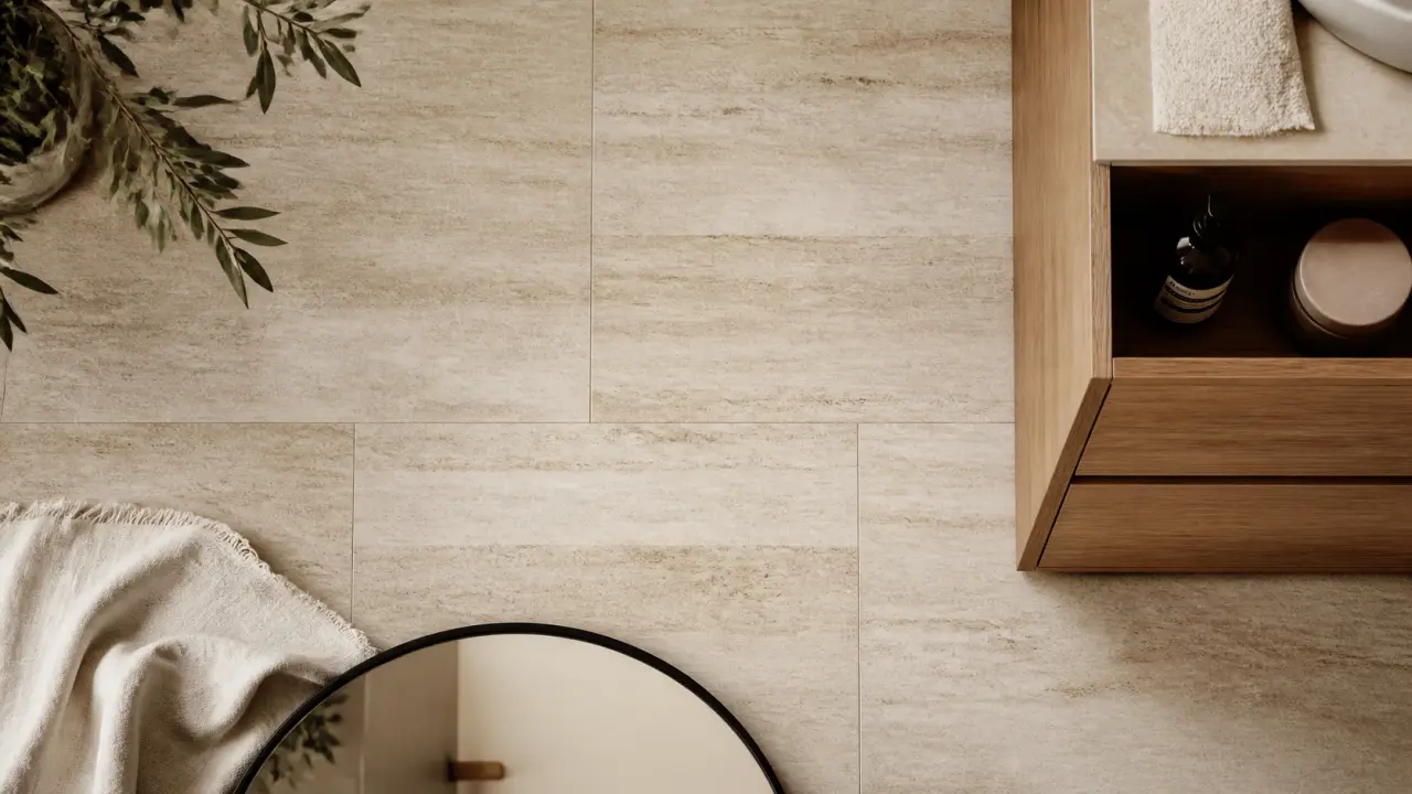 Idée salle de bain travertin et bois : travertin clair et meuble chêne naturel
