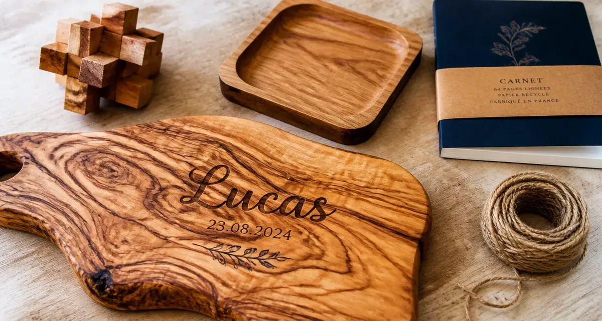 Idées cadeaux en bois durables : planche gravée et accessoires en bois