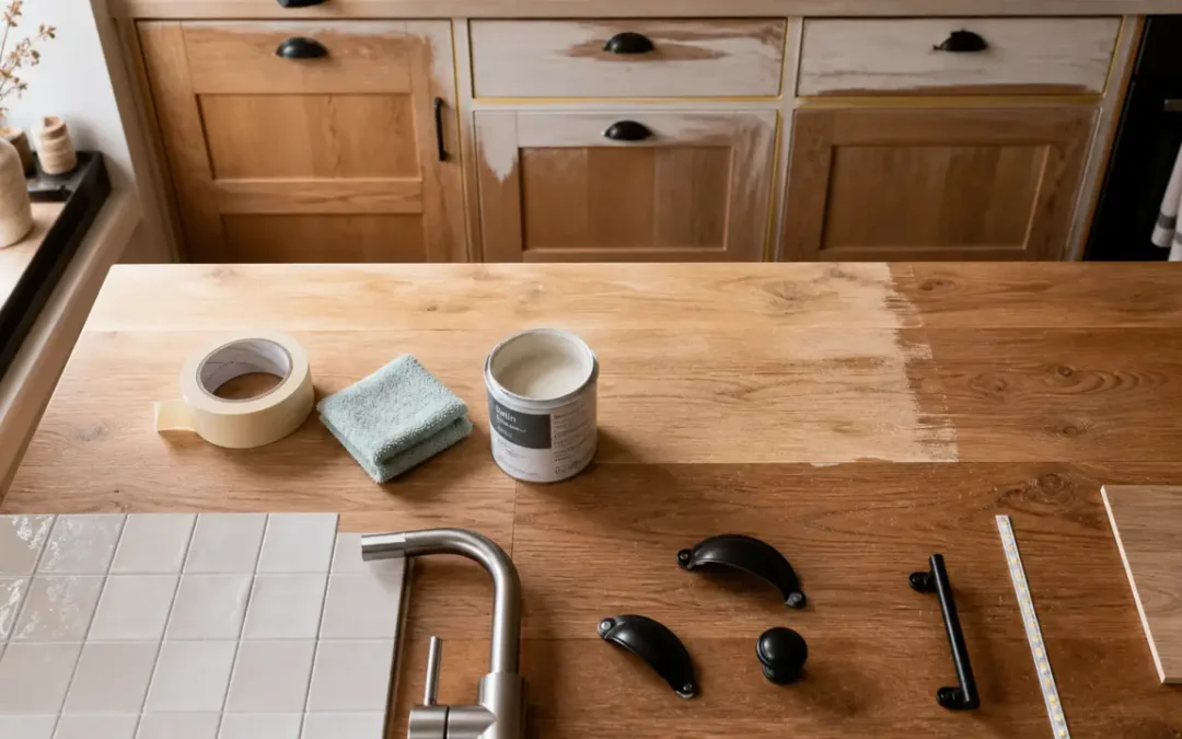Moderniser une cuisine rustique en chêne sans la peindre : poignées, lumière et bois éclairci