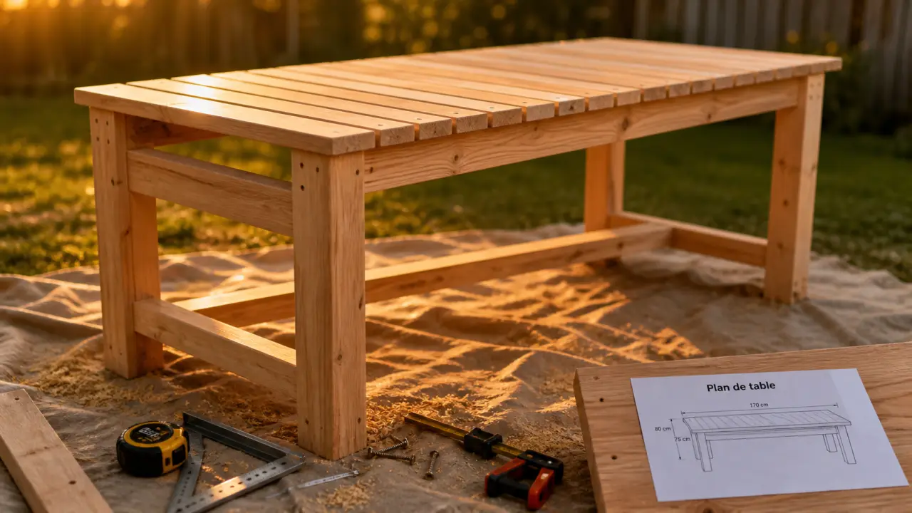 Plan pour fabriquer une table de jardin en bois 170 cm, jeu 5 mm, renforts visibles
